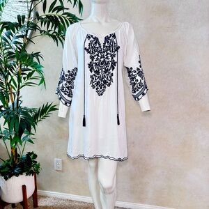 CHIC CONNECTION White and Blue Embroidered Boho Dress, Sz L